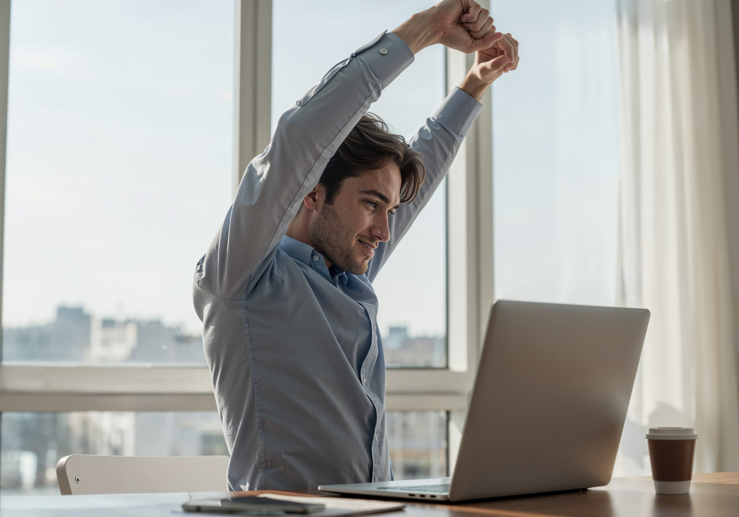 man stretching after work front laptop